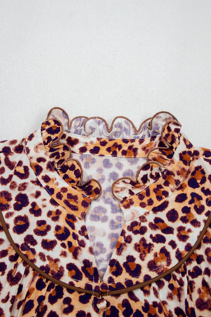 Plus Size Leopard Frilled Stand Neck Blouse