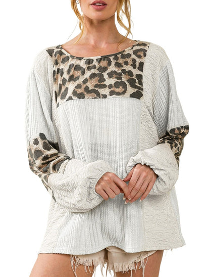 Leopard Patchwork Puff Sleeve Blouse