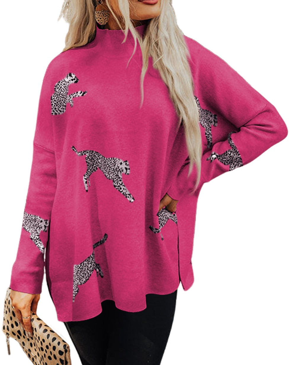 Cheetah Turtleneck Split Hem Sweater