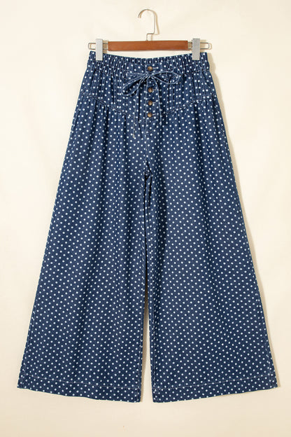 Polka Dot Button Up Pleated Wide Leg Jeans