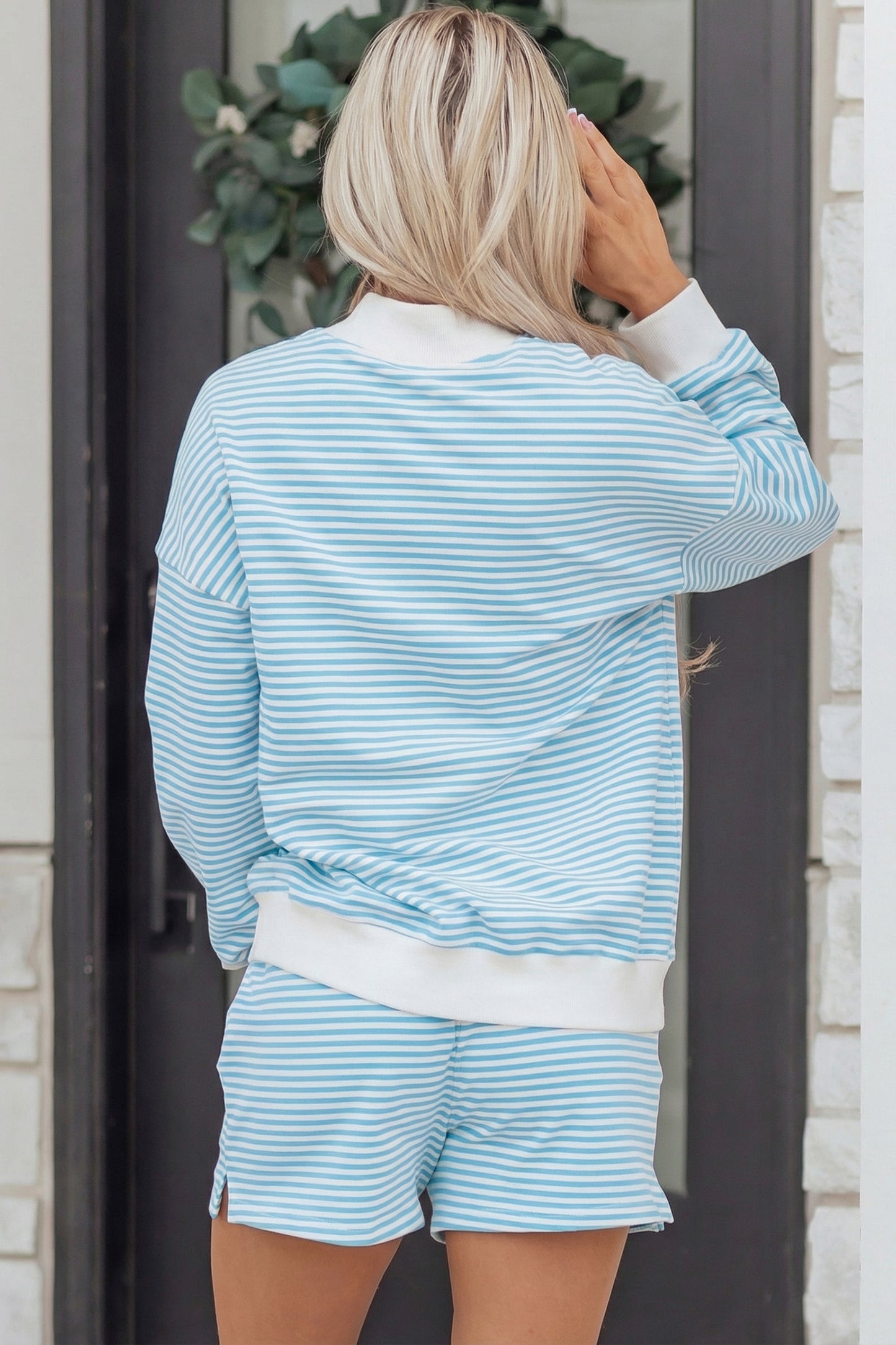 Stripe Oversized Mock Neck Sweatshirt & Shorts Set