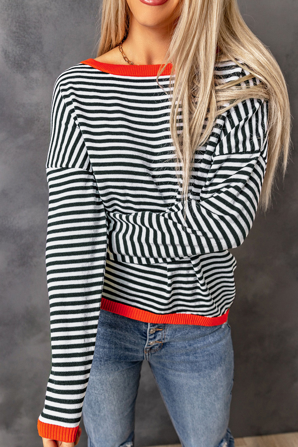 Stripe Contrast Drop Shoulder Sweater