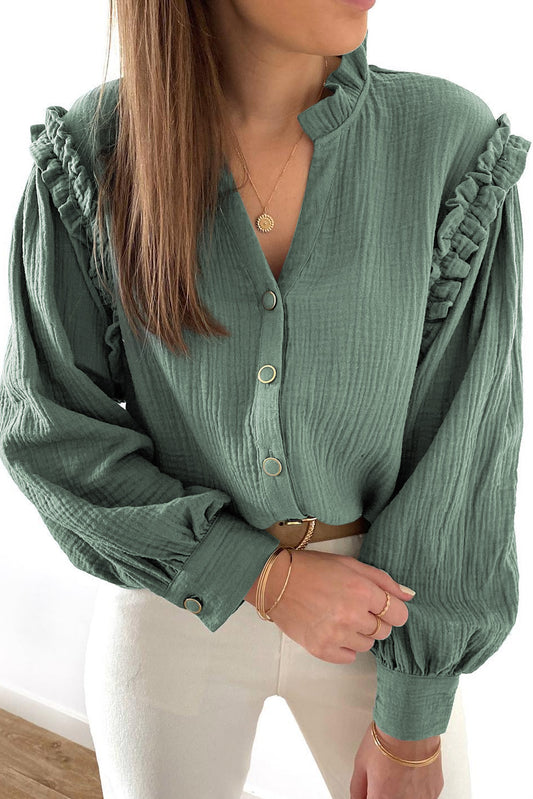 Crinkle Frilled Split Neck Shirt