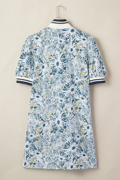 Floral Stripe Patchwork Collared Short Sleeve Mini Dress