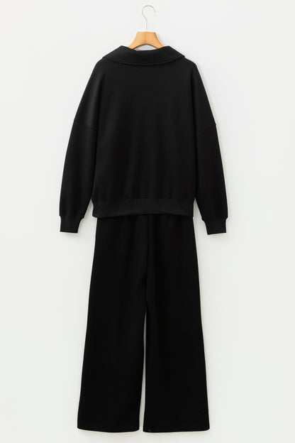 Solid Collared V-Neck Sweatshirt & Sweatpants Set