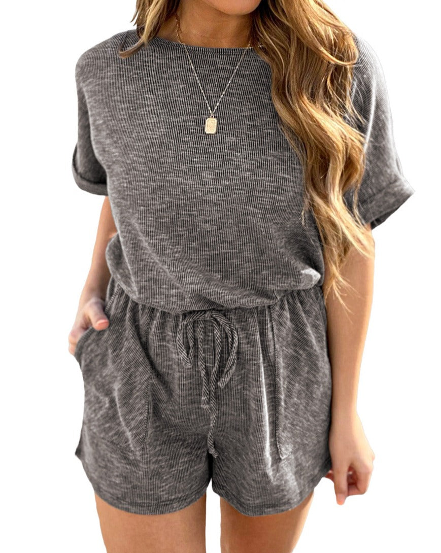 Ribbed Elastic Waist Pocketed Romper