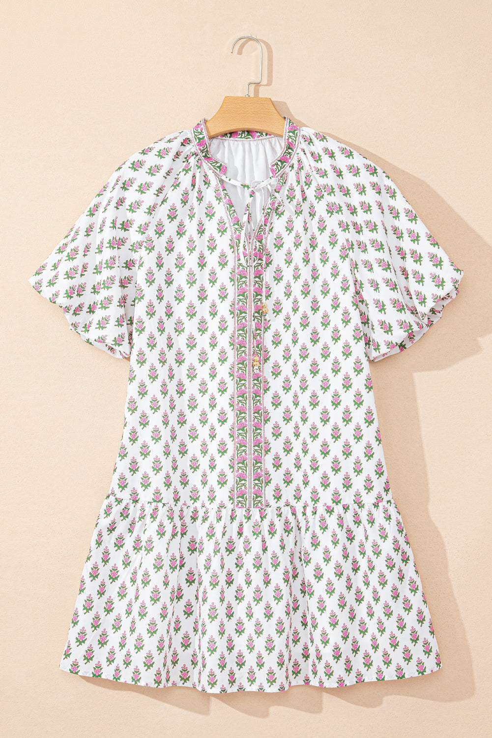 Floral Bubble Sleeve Tie Neck Ruffle Hem Dress