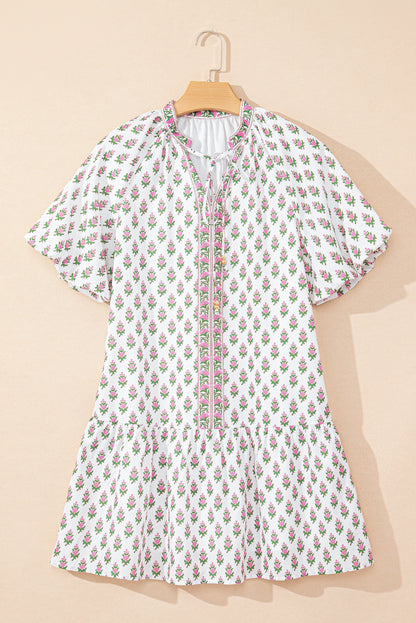 Floral Bubble Sleeve Tie Neck Ruffle Hem Dress