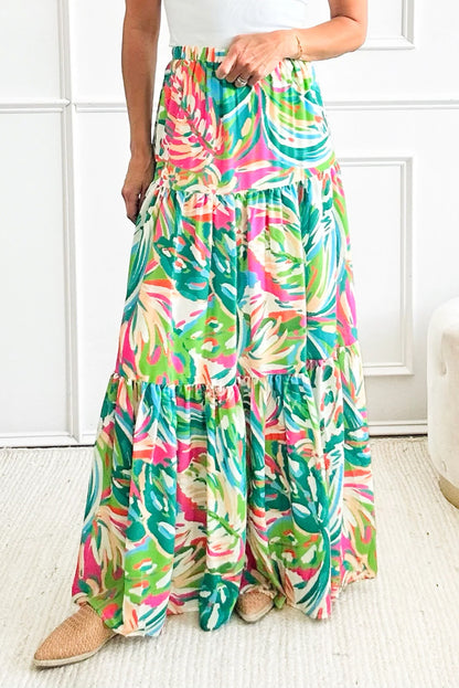 Abstract High Waist Tiered Maxi Skirt