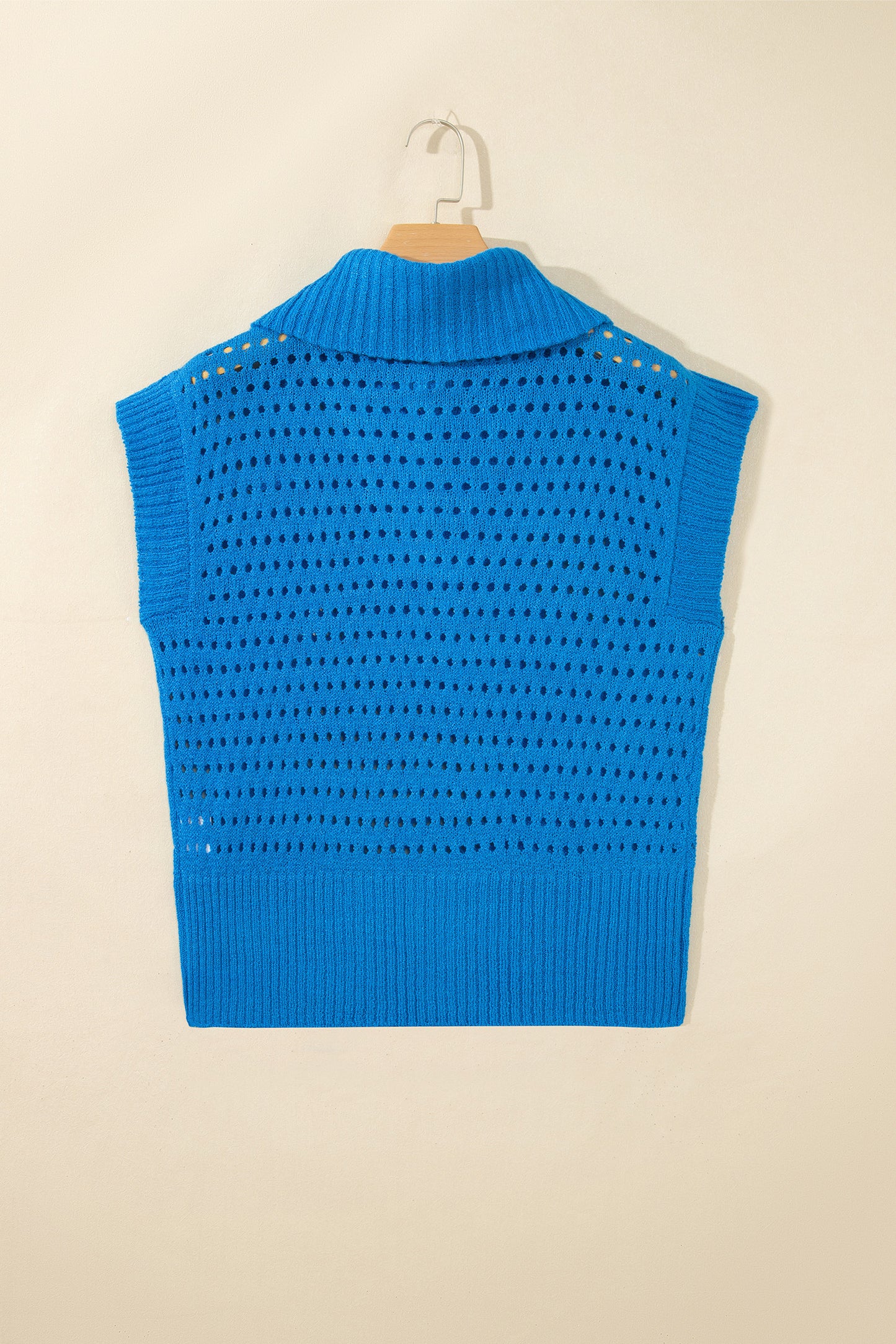 Solid Hollowed Knit Zipped Collar Short Sleeve Top