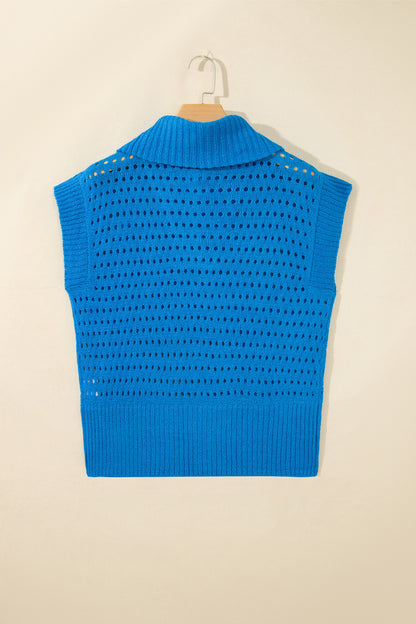 Solid Hollowed Knit Zipped Collar Short Sleeve Top