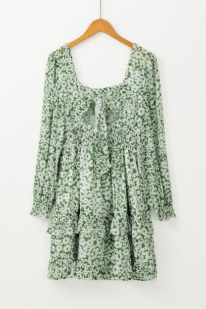 Floral Square Neck Shirred Waist Ruffle Dress