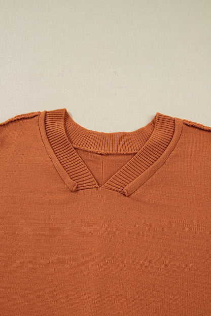 Colorblock Raw Edge Bubble Sleeve V-Neck Sweater