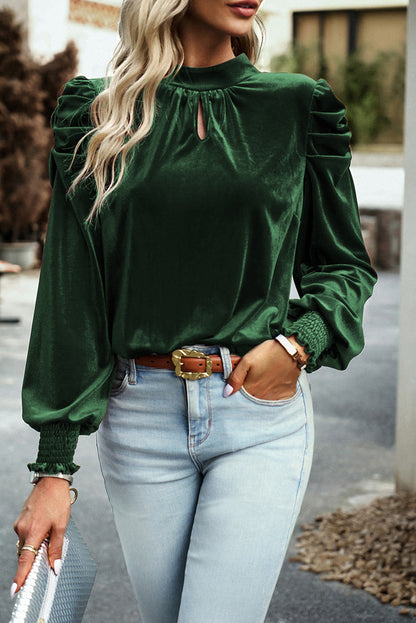 Velvet Ruched Mock Neck Blouse