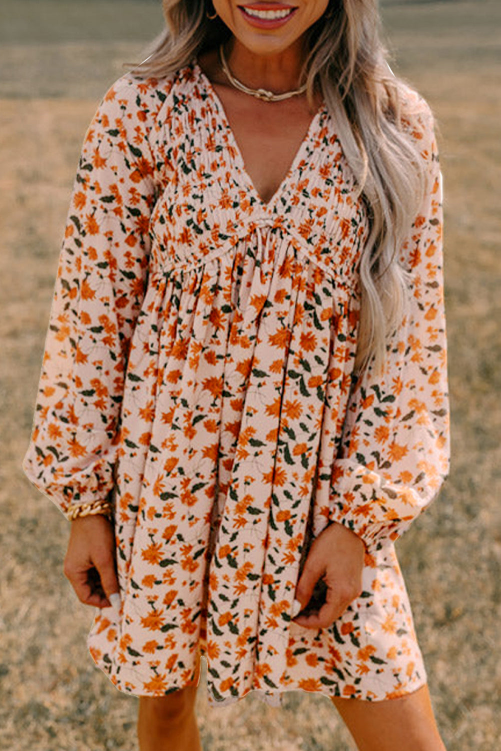 Floral V-Neck Bubble Sleeve Dress