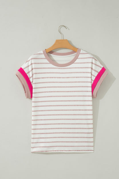 Stripe Colorblock Trim Short Sleeve Top