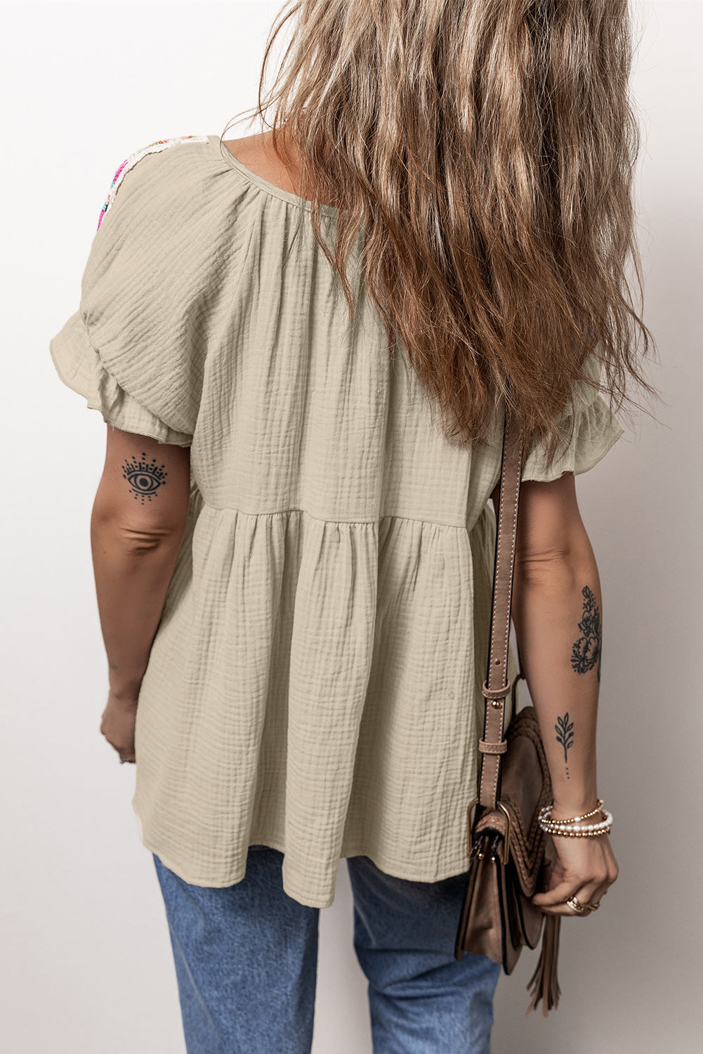 Crinkle Embroidered Bubble Sleeve Blouse