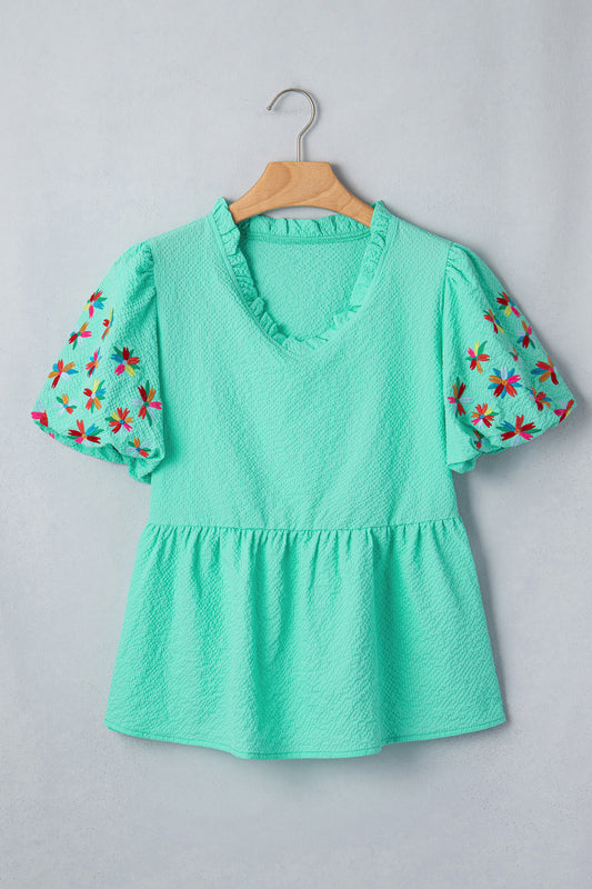 Flower Embroidered Puff Sleeve Frilled V-Neck Blouse