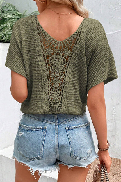 Lace Patchwork Waffle Knit T-Shirt