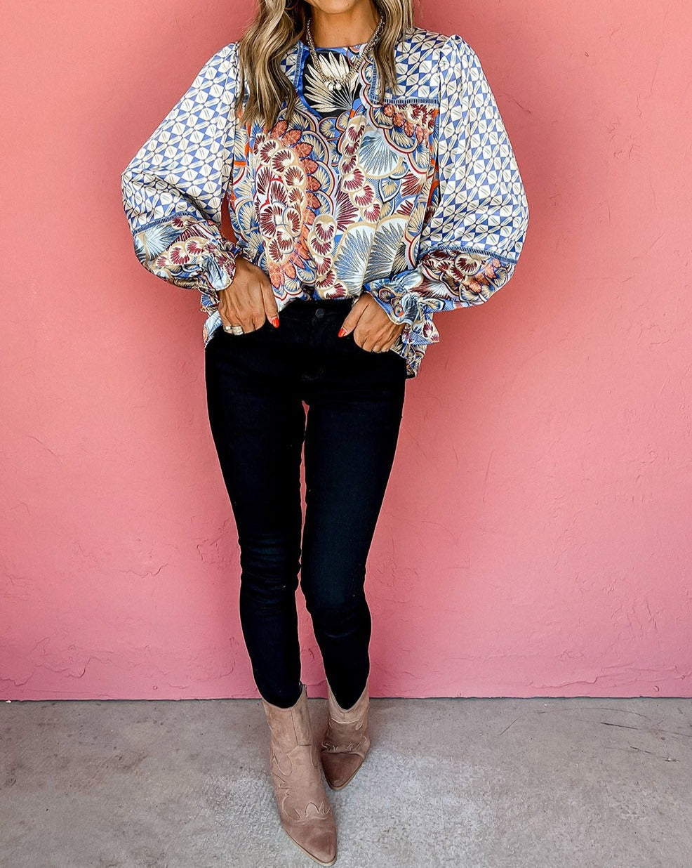 Floral Geometric Long Sleeve Blouse