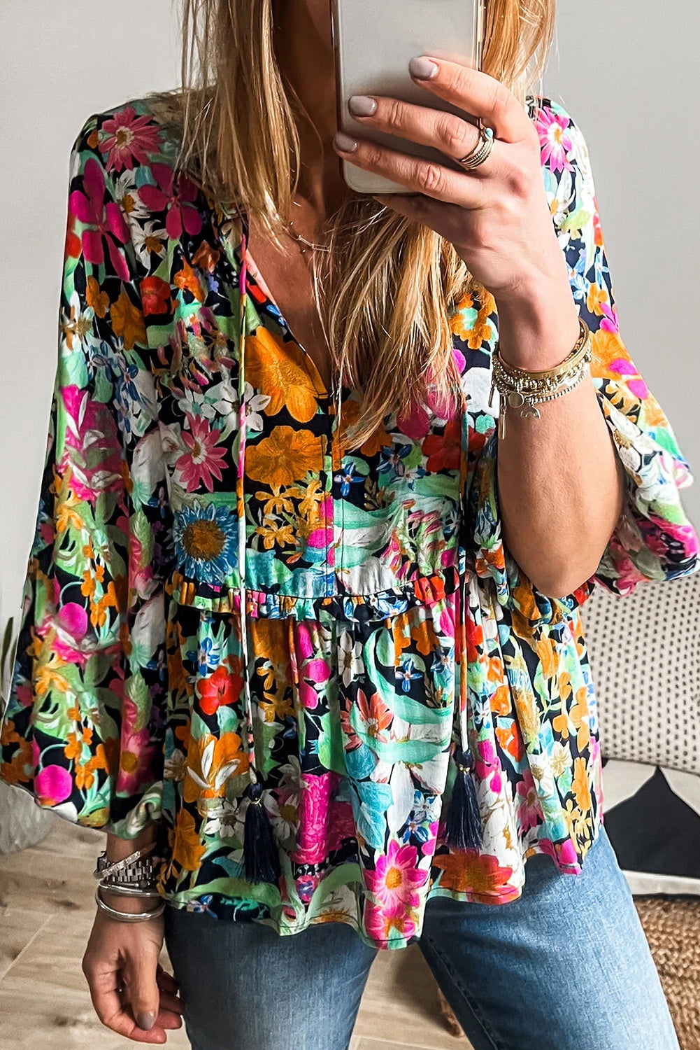 Floral Bubble Sleeve Ruffle Blouse