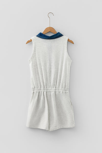 Denim Patchwork Polo Collar Sleeveless Romper
