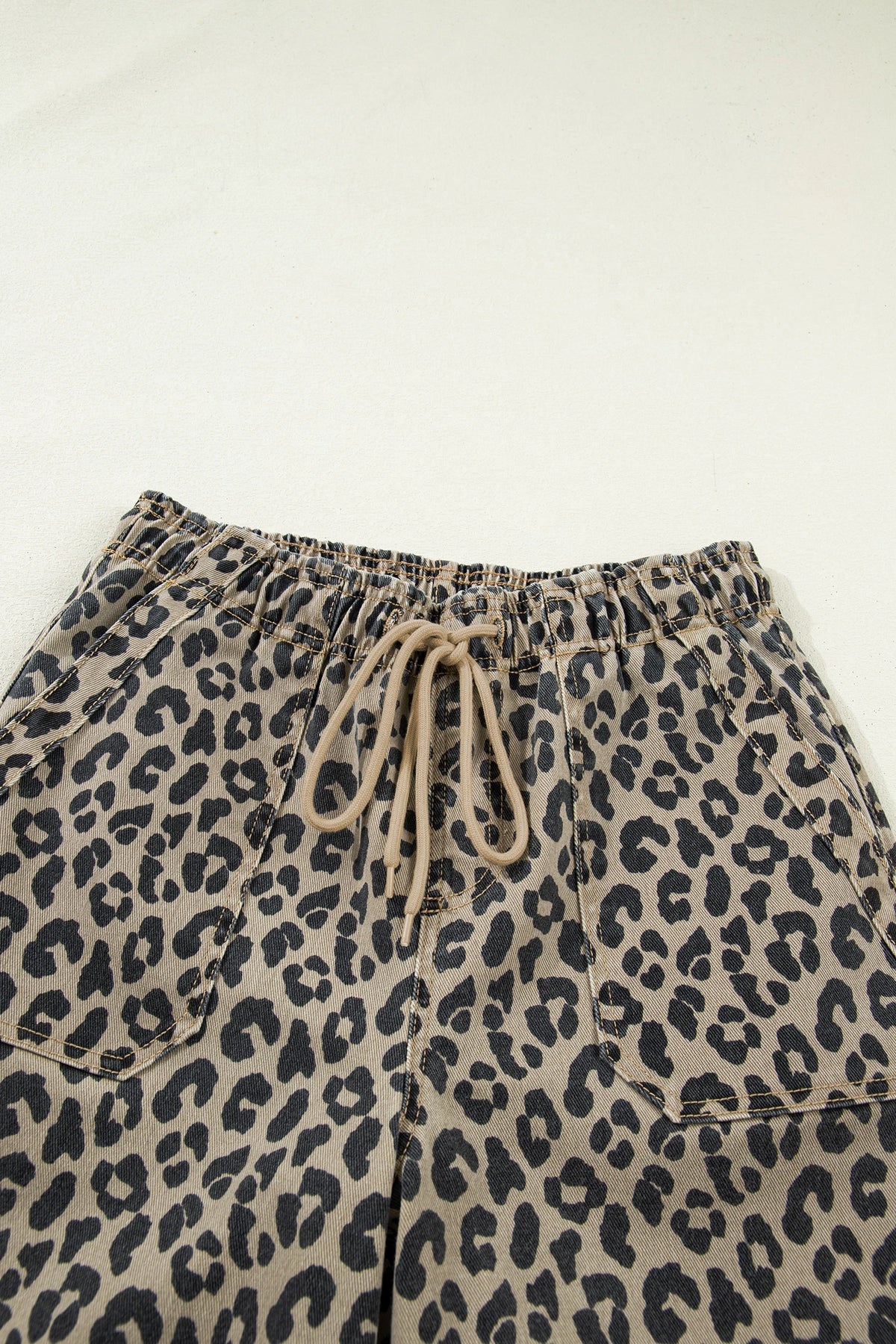 Leopard Denim Drawstring Waist Barrel Leg Pants