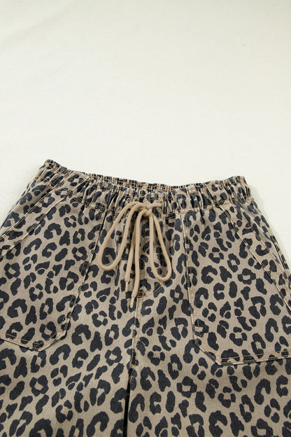 Leopard Denim Drawstring Waist Barrel Leg Pants