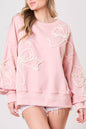 Bow Embroidered Ribbed Trim Sweatshirt