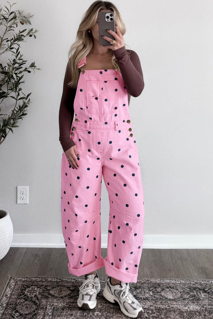 Polka Dot Denim Barrel Leg Overalls Jumpsuit