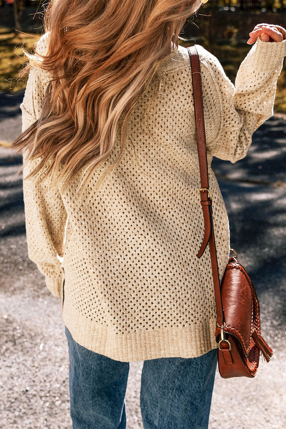 Eyelet V-Neck Drop Shoulder Sweater