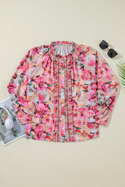 Floral Embroidered Ruffle Buttoned Shirt