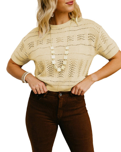 Hollowed Short Sleeve Crop Sweater