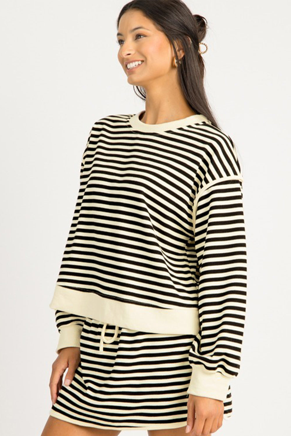 Stripe Textured Pullover Top and Mini Skirt Set