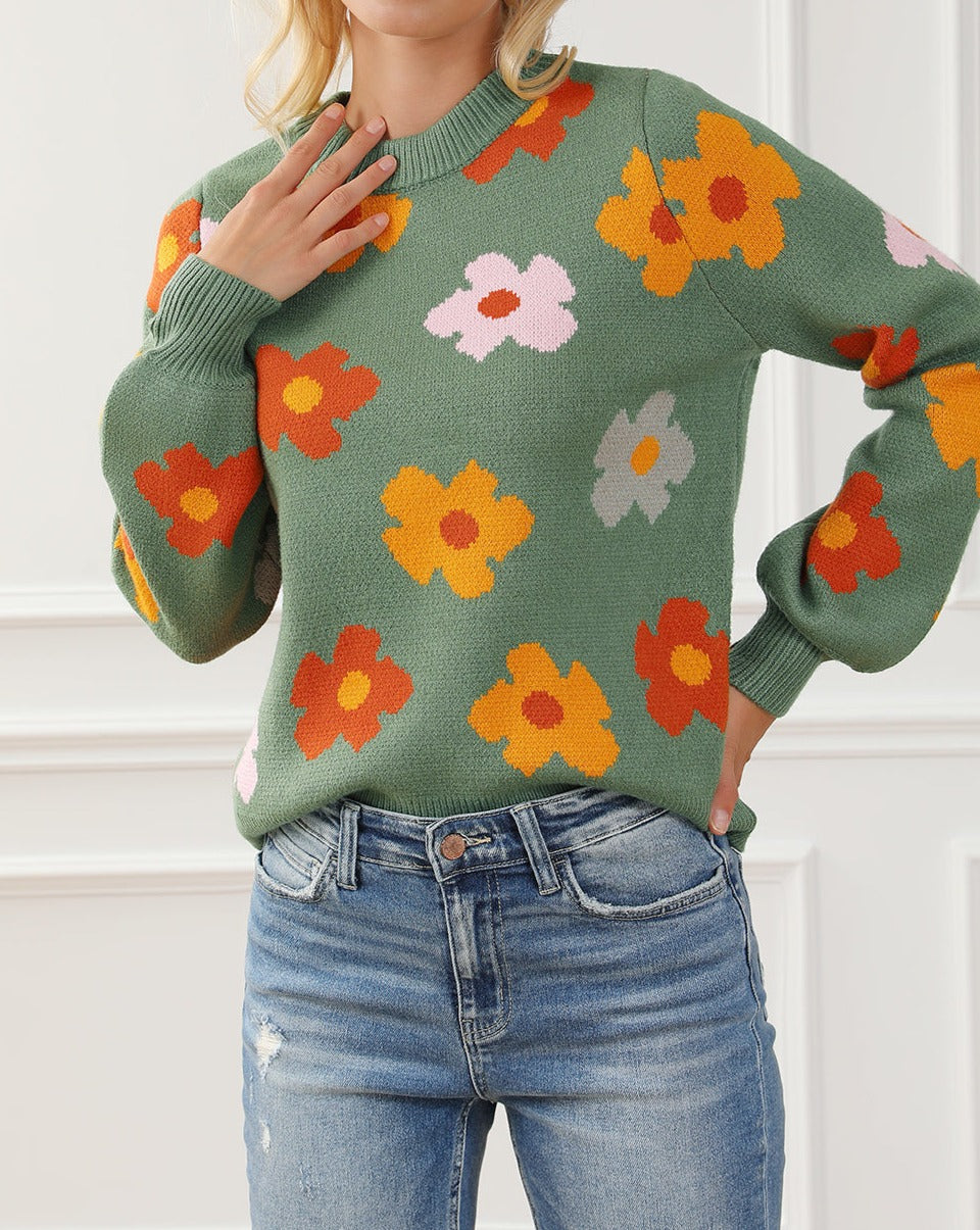 Floral Rib Trim Crewneck Sweater