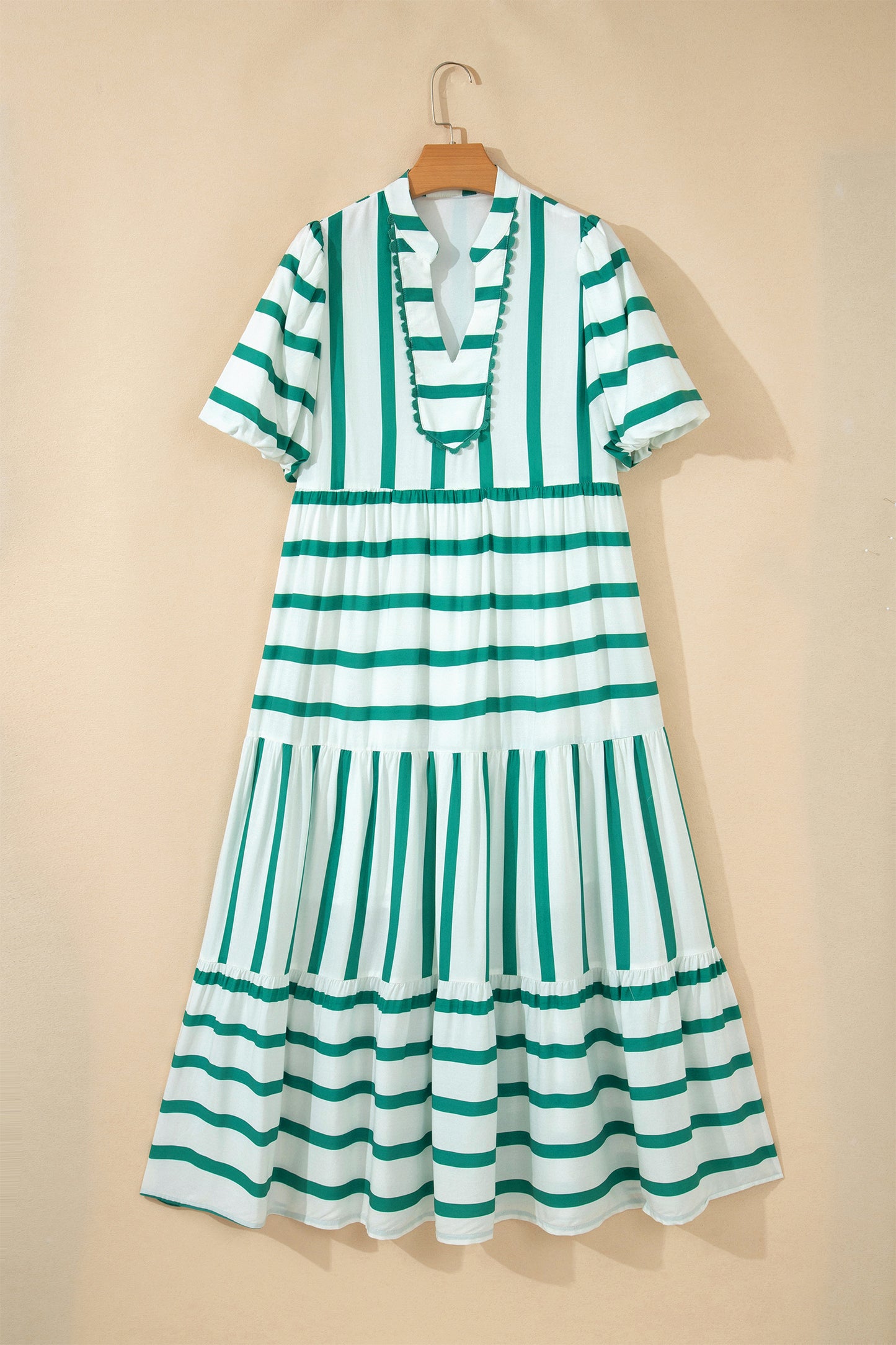Stripe Ricrac Trim Notched Neck Midi Dress