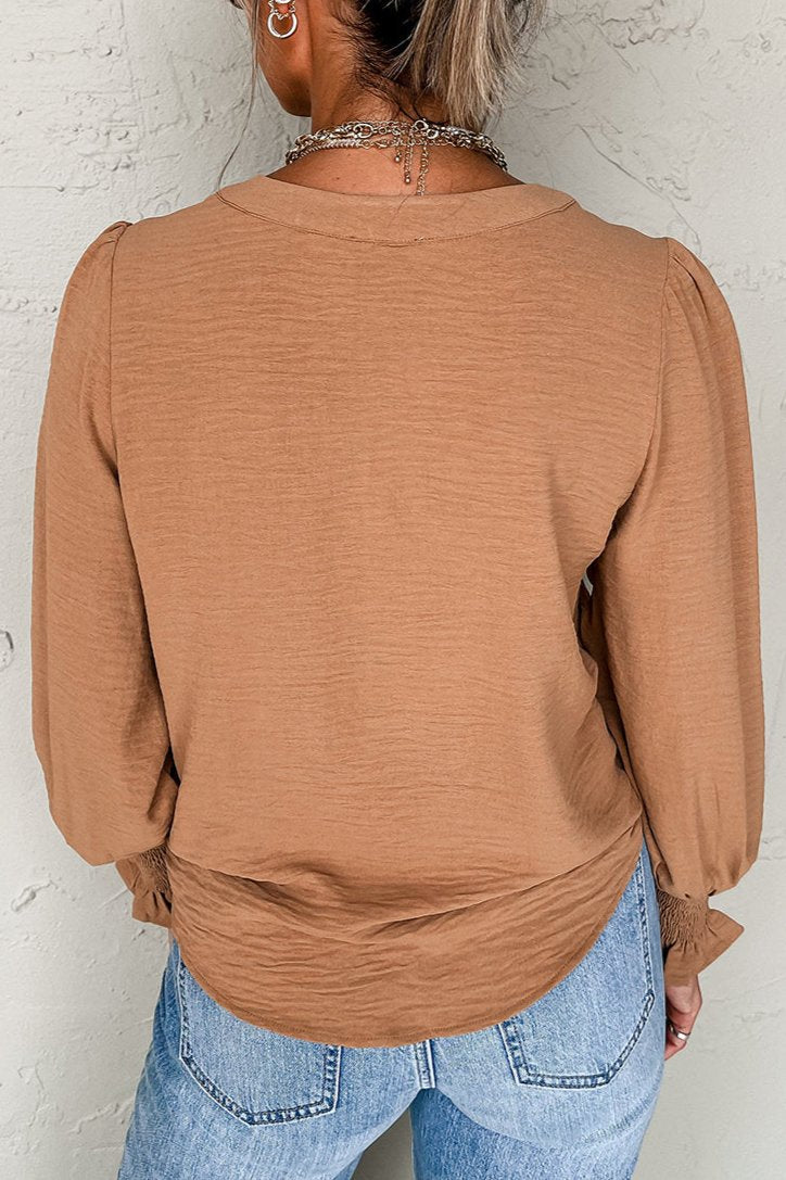 Shirred Long Sleeve V-Neck Blouse