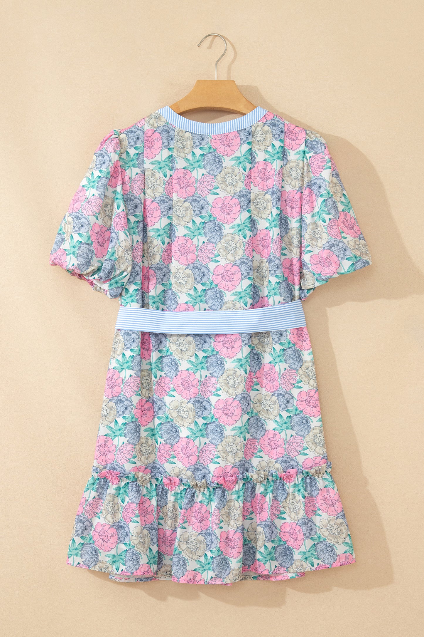 Floral Stripe Contrast Trim Belted Ruffle Dress