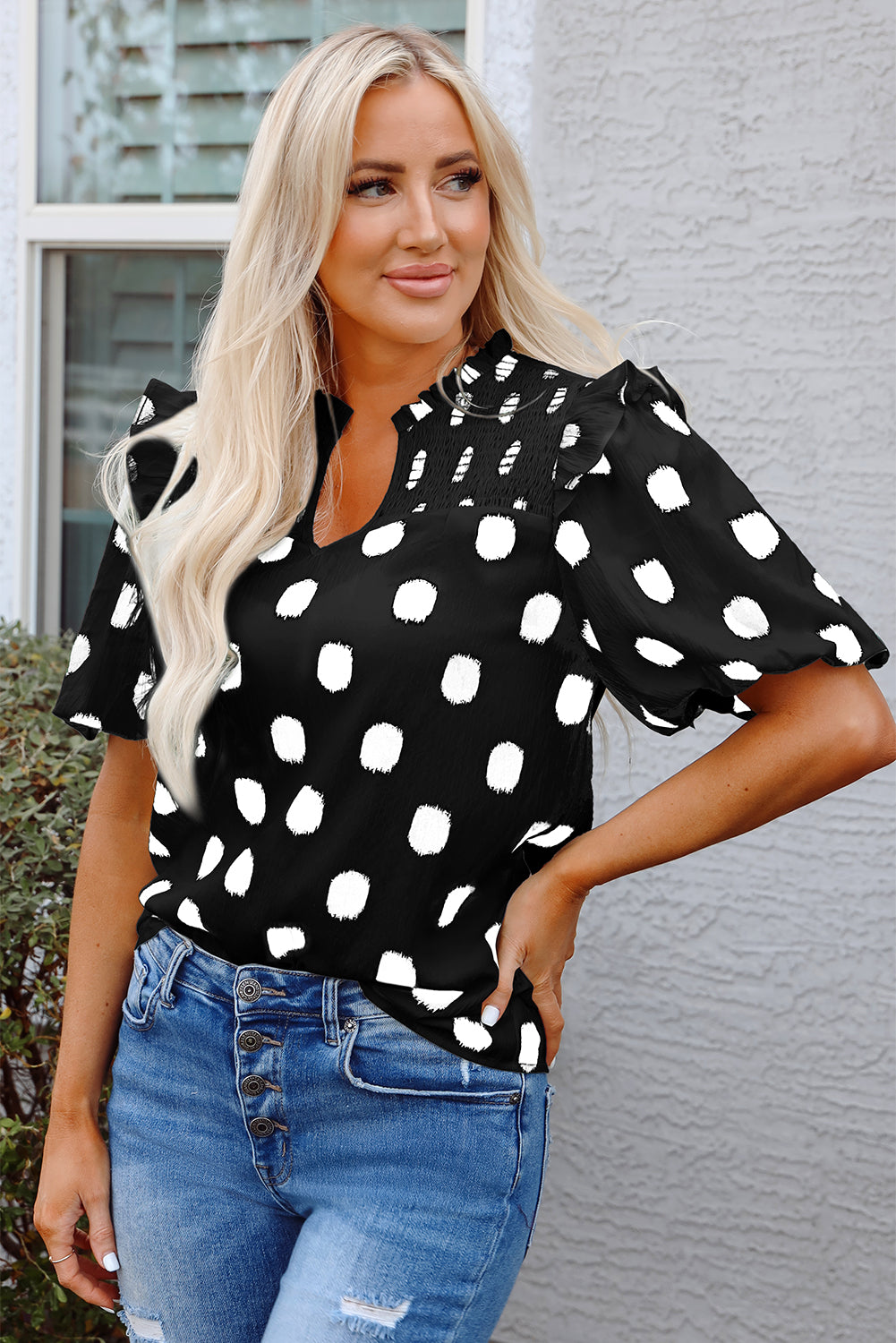 Polka Dot Shirred Notched Neck Balloon Sleeve Blouse