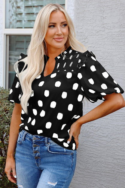 Polka Dot Shirred Notched Neck Balloon Sleeve Blouse