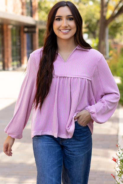 Corded V-Neck Bubble Sleeve Babydoll Blouse