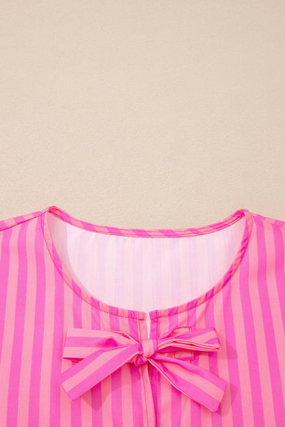 Stripe Bow Tie Front Short Puff Sleeve Dress