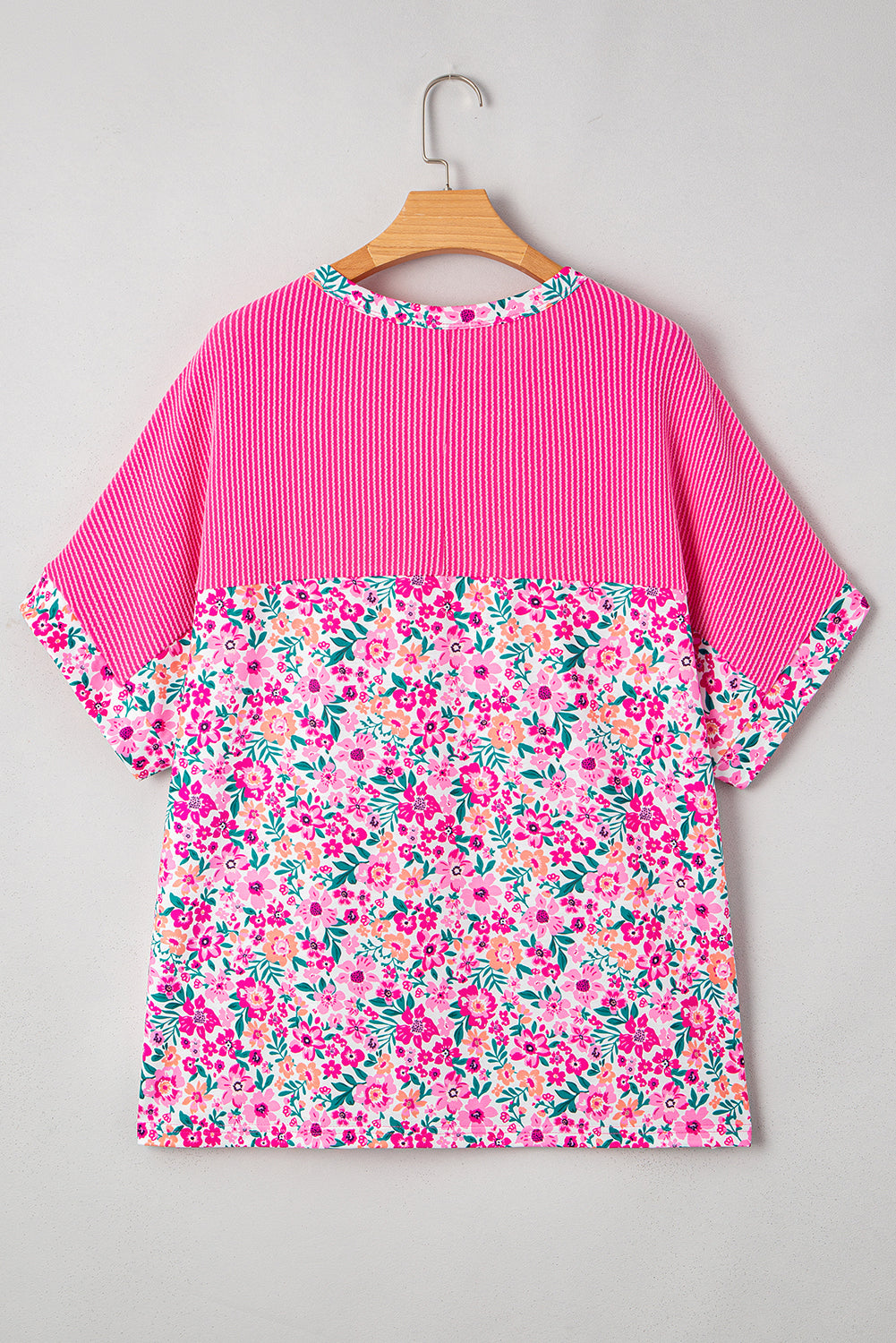 Plus Size Floral Corded Patchwork Crewneck Top