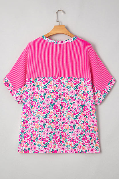 Plus Size Floral Corded Patchwork Crewneck Top