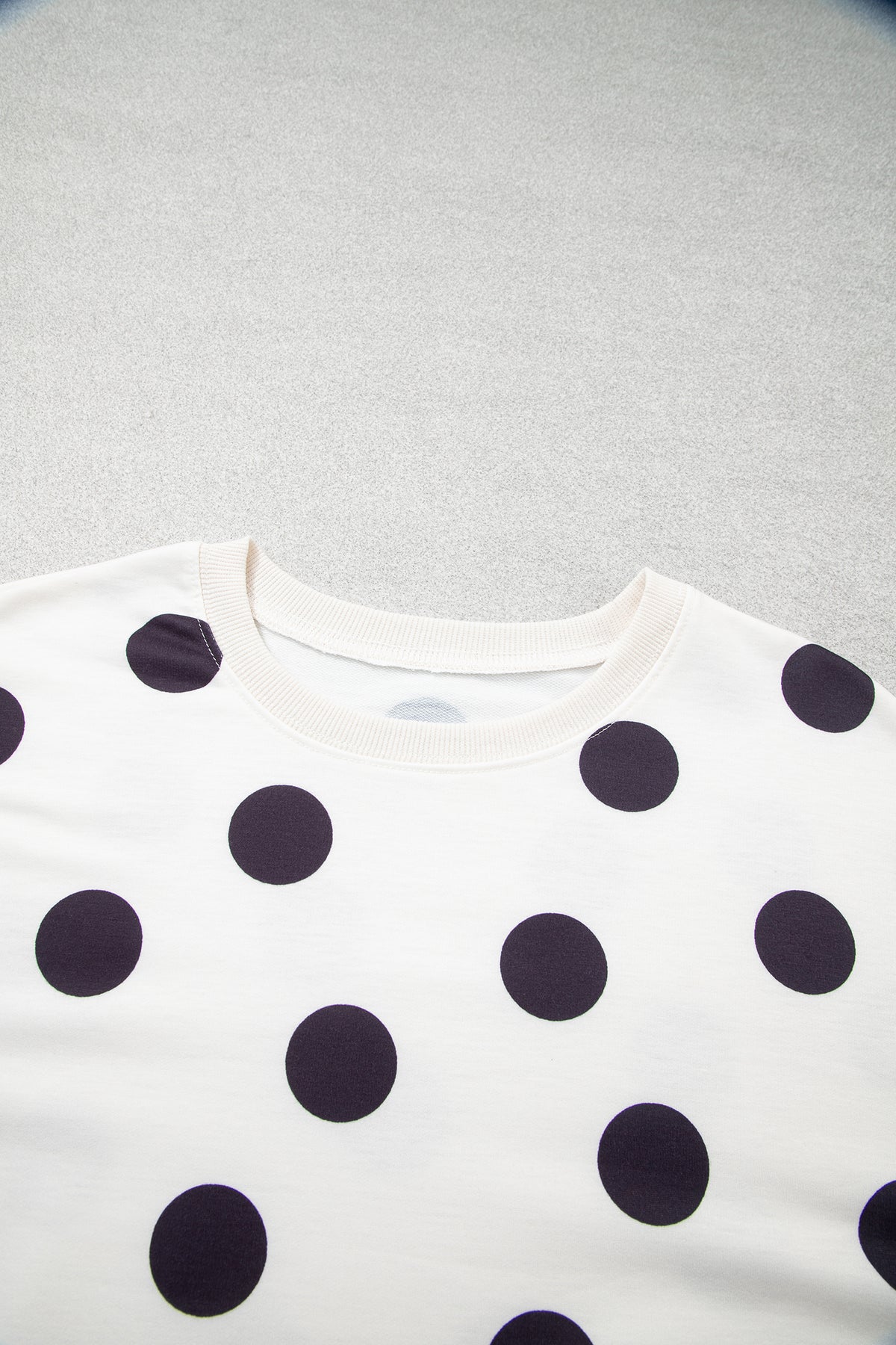 Polka Dot Ribbed Trim Round Neck Sweatshirt