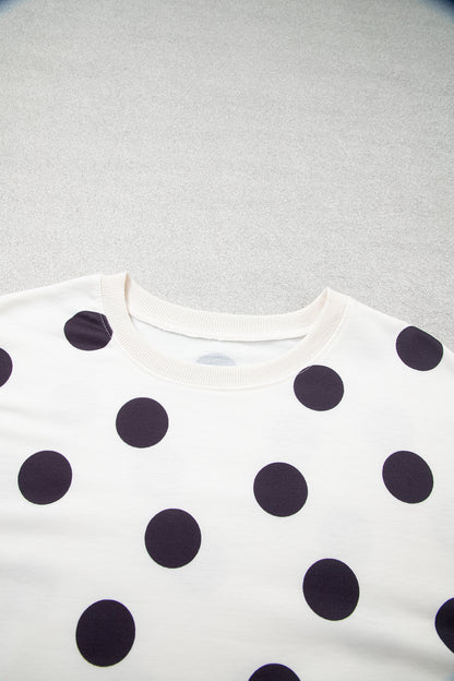 Polka Dot Ribbed Trim Round Neck Sweatshirt