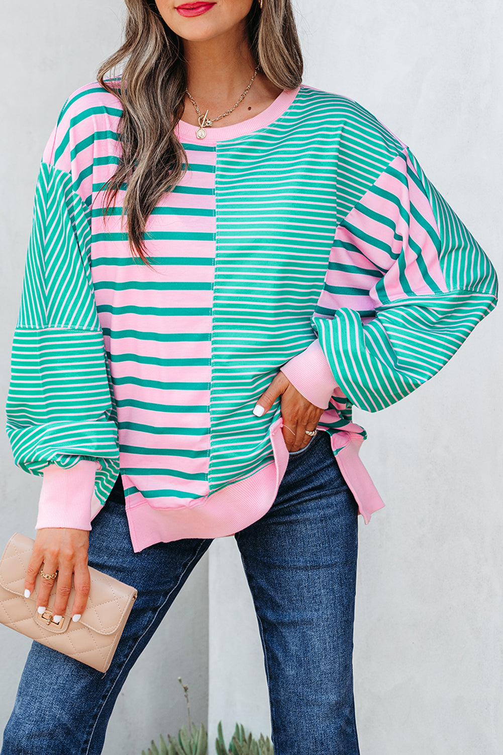 Stripe Colorblock Patchwork Side Slit Sweatshirt