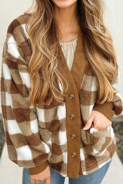 Checker Sherpa Button-Up Pocketed Cardigan