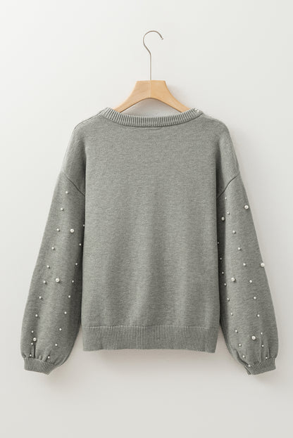 Solid Pearl Drop Shoulder Round Neck Sweater