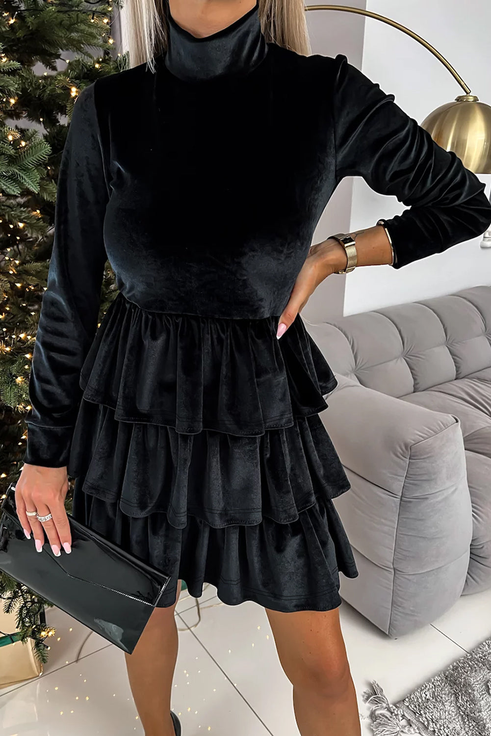 Velvet Tiered Ruffle Mini Dress